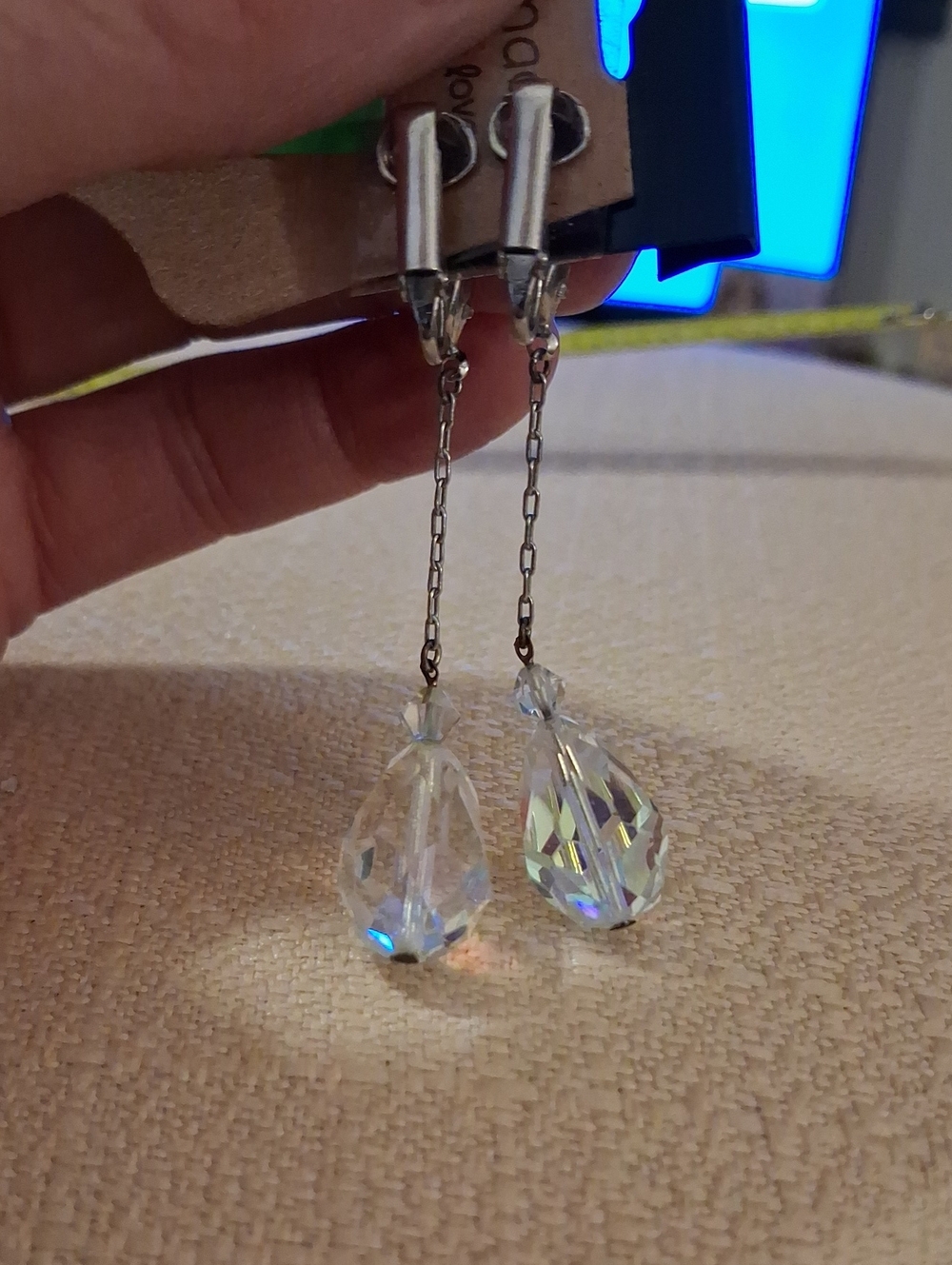 Vintage Clip Silver Crystal Dangle Earrings in Iridescent Clear - Picture 7 of 9